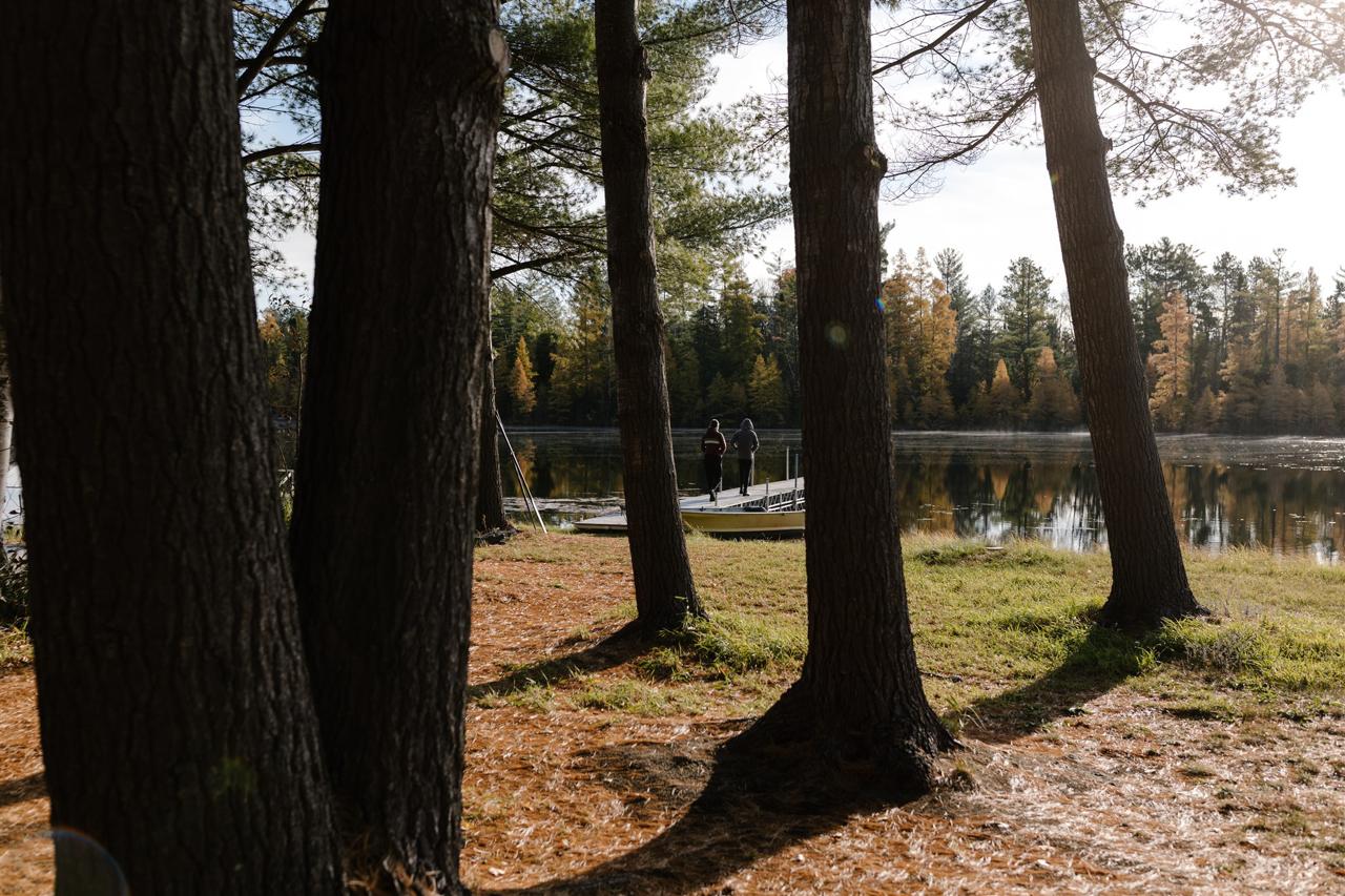 Crooked Lake view through the pines with dock