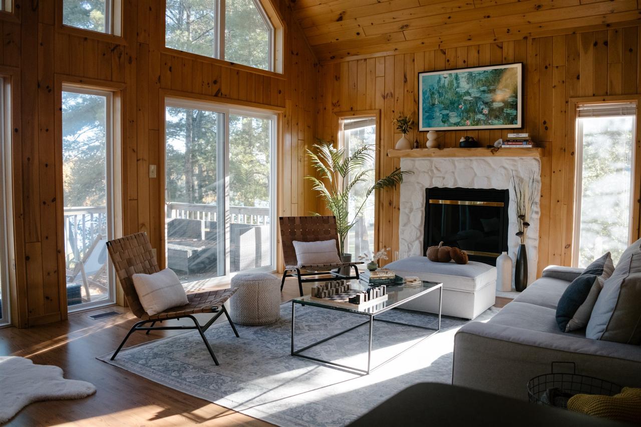 Living room with fireplace and chess set